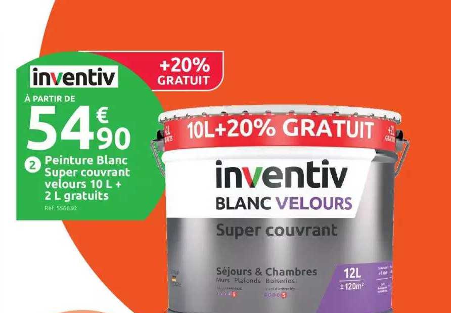 peinture blanc super couvrant velours 10l + 2l gratuits inventiv