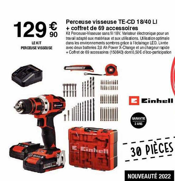 Perceuse Visseuse Te-cd 18-40 Li + Coffret De 69 Accessoires Einhell