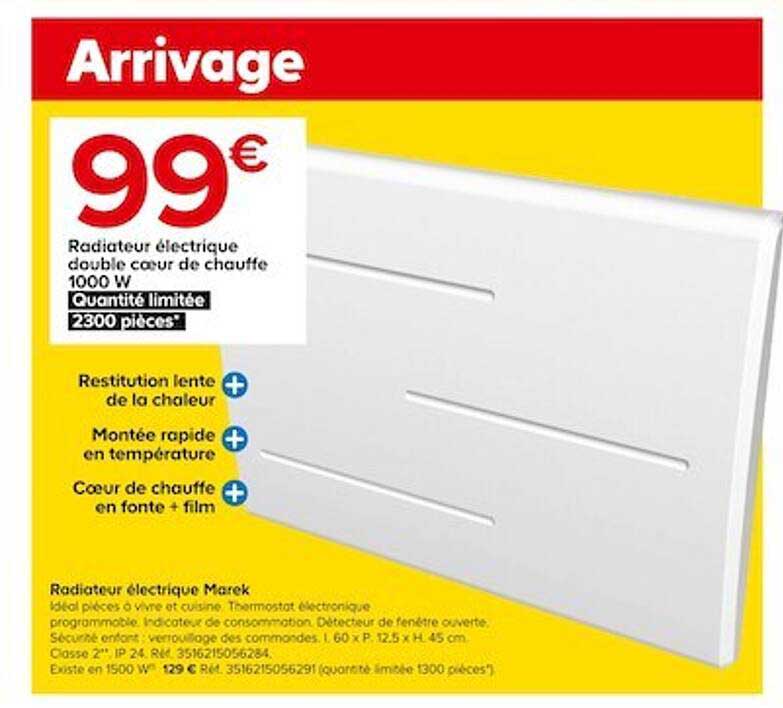 radiateur électrique double coeur de chauffe 1000w marek