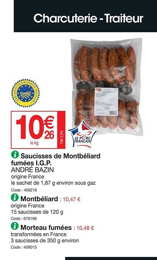 saucisses de montbéliard fumées i.g.p andré bazin, montbéliard, morteau fumées