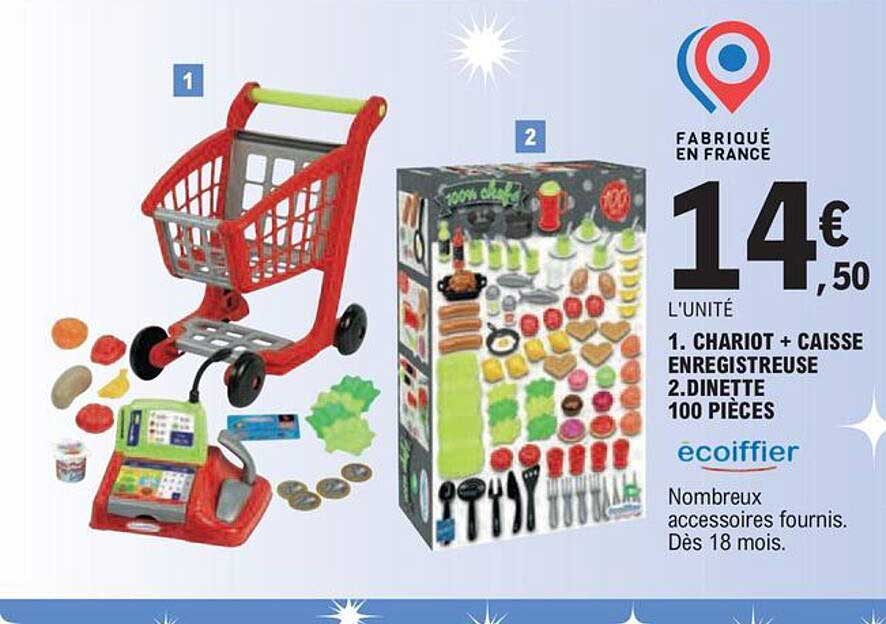1. chariot + caisse enregistreuse 2. dinette 100 pièces ecoiffier