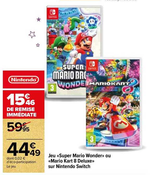 jeu "super mario wonder" ou "mario kart 8 delux" sur nintendo switch