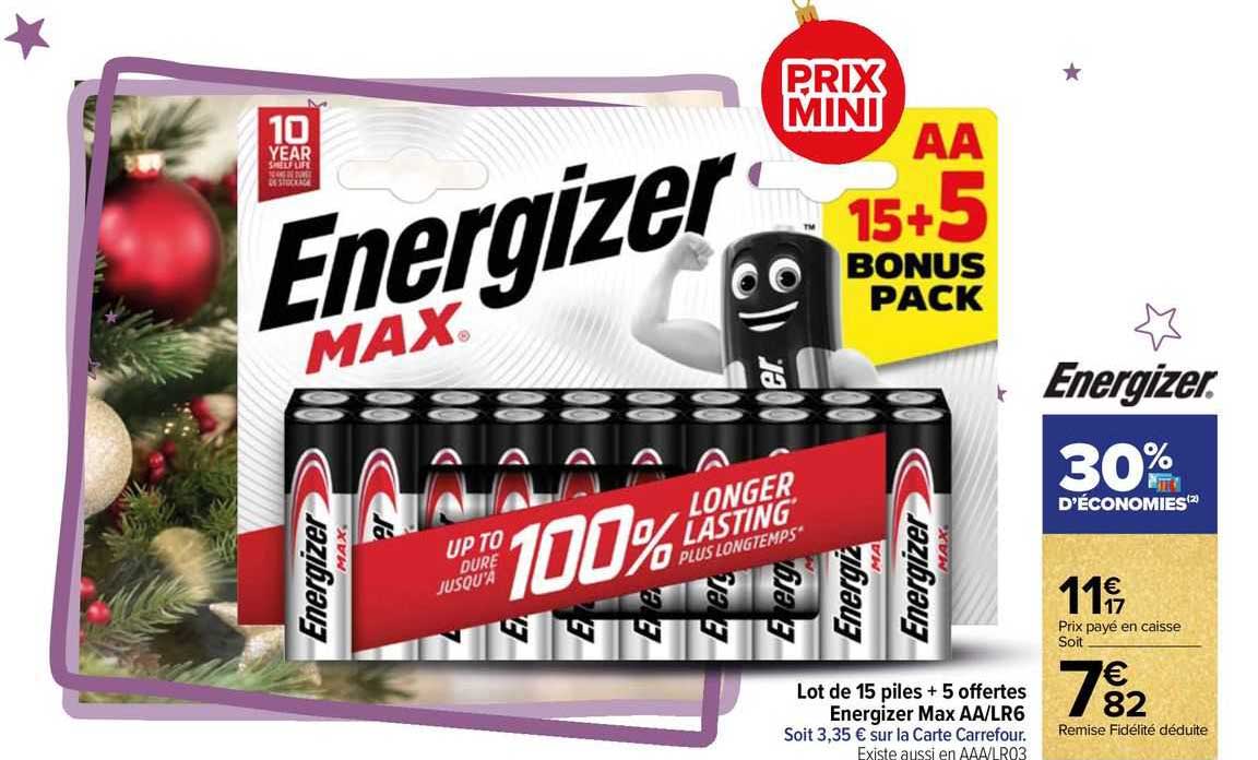 lot de 15 piles + 5 offertes energizer max aa-lr6