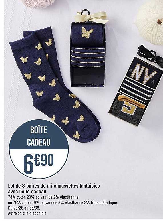 lot de 3 paires de mi-chaussettes fantaisies avec boîte cadeau