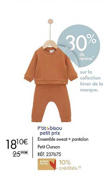 p'tit bisou petit prix ensemble sweat + pantalon petit ourson
