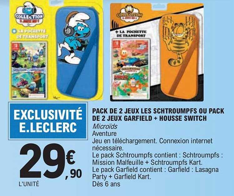 pack de 2 jeux les schtroumpfs ou pack de 2 jeux garfield + housse switch