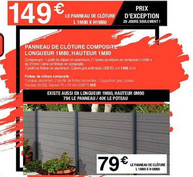 panneau de clôture composite longueur 1m80 hauteur 1m80