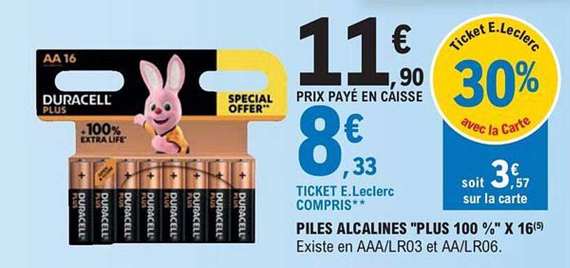 piles alcalines "plus 100%" x16 duracell