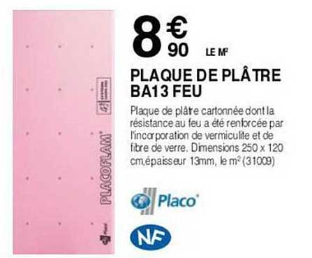 plaque de plâtre ba13 feu placo