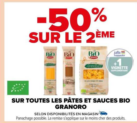 sur toutes les pâtes et sauces bio granoro -50% sur le 2ème