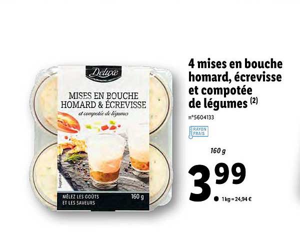 4 mises en bouche homard , écrevisse et compotée de légumes