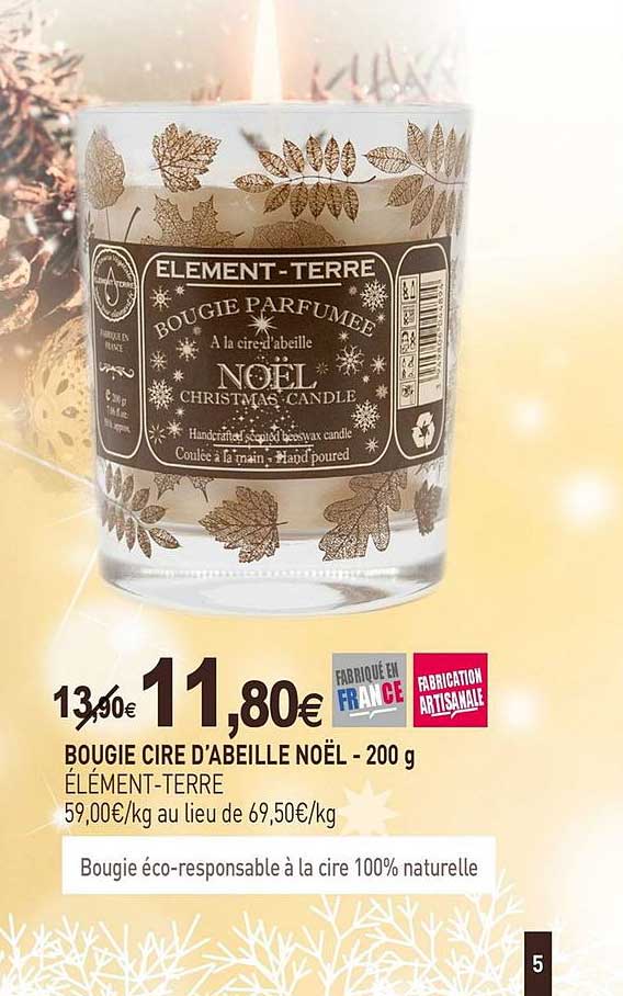 bougie cire d'abeille noël élément-terre - 200g