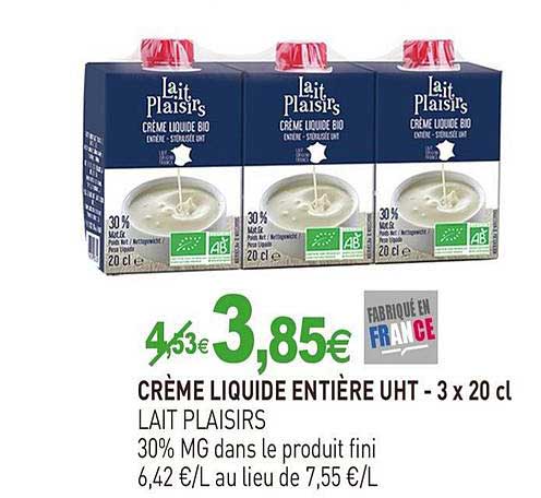 crème liquide entière uht - 3 x 20 cl lait plaisirs