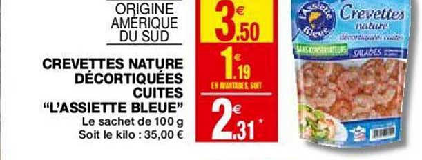 crevettes nature décortiquées cuites l'assiette bleue