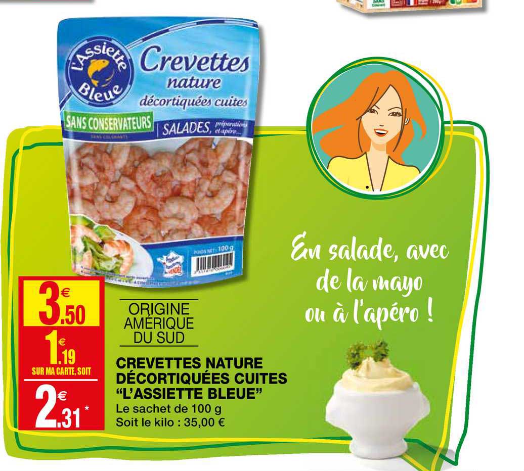 crevettes nature décortiquées cuites l'assiette bleue