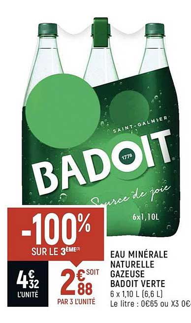 eau minérale naturelle gazeuse badoit verte -100% % sur le 3ème
