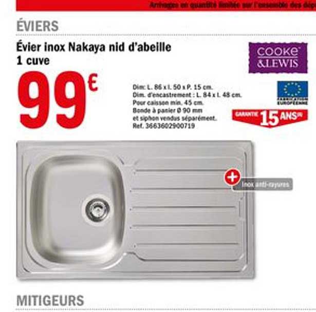 évier inox nakaya nid d'abeille 1 cuve