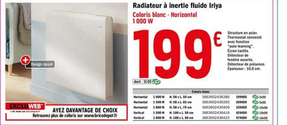 radiateur à inertie fluide iriya coloris blanc horizontal 1000 w