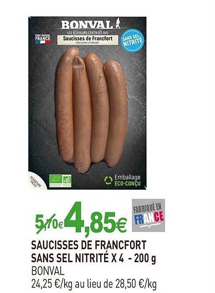 saucisses de francfort sans sel nitrité x4 - 200 g bonval
