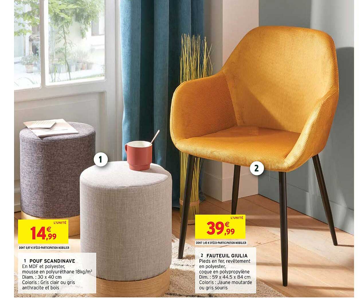 1 pouf scandinave, 2 fauteuil giulia