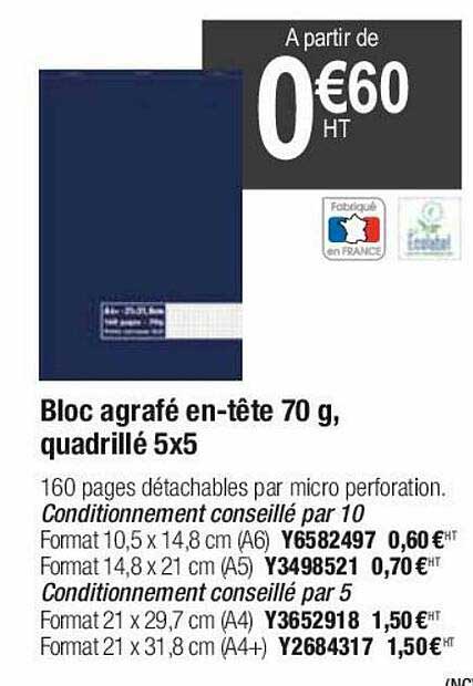 bloc agrafé en-tête 70g, quadrillé 5x5