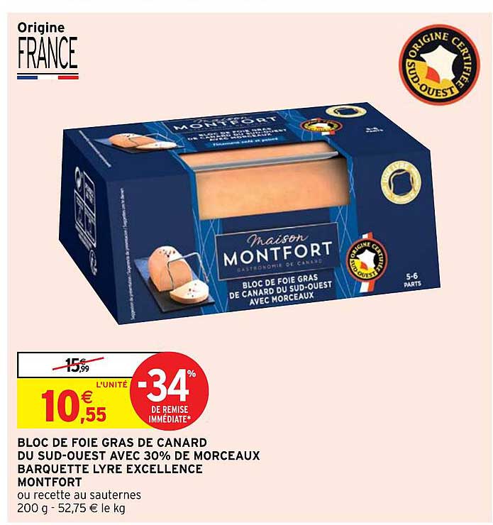 Bloc De Foie Gras De Canard Du Sud-ouest Avec 30% De Morceaux Barquette Lyre Excellence Montfort