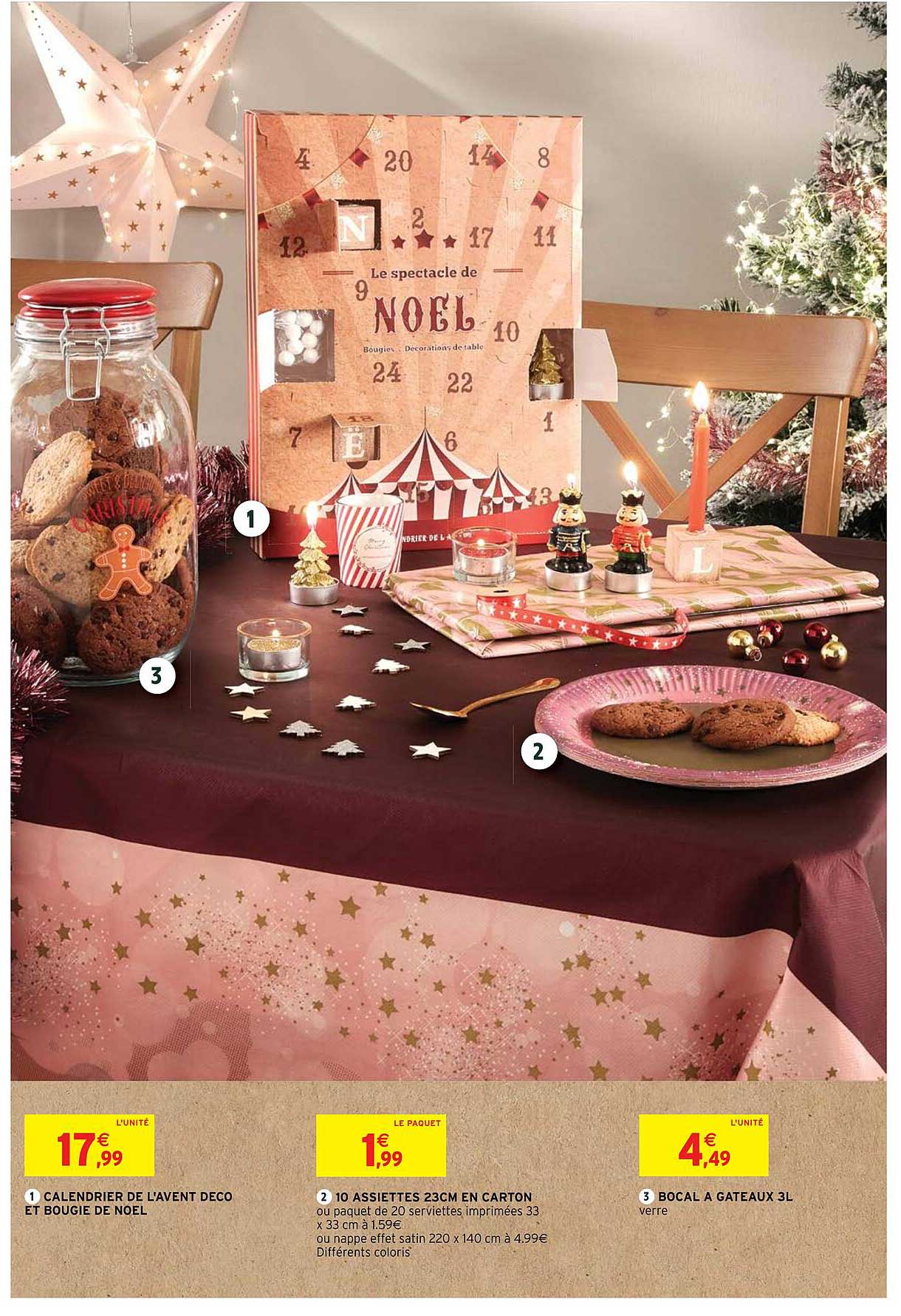calendrier de l'avent déco et bougie de noël, 10 assiettes 23 cm en carton, bocal à gâteaux 3l