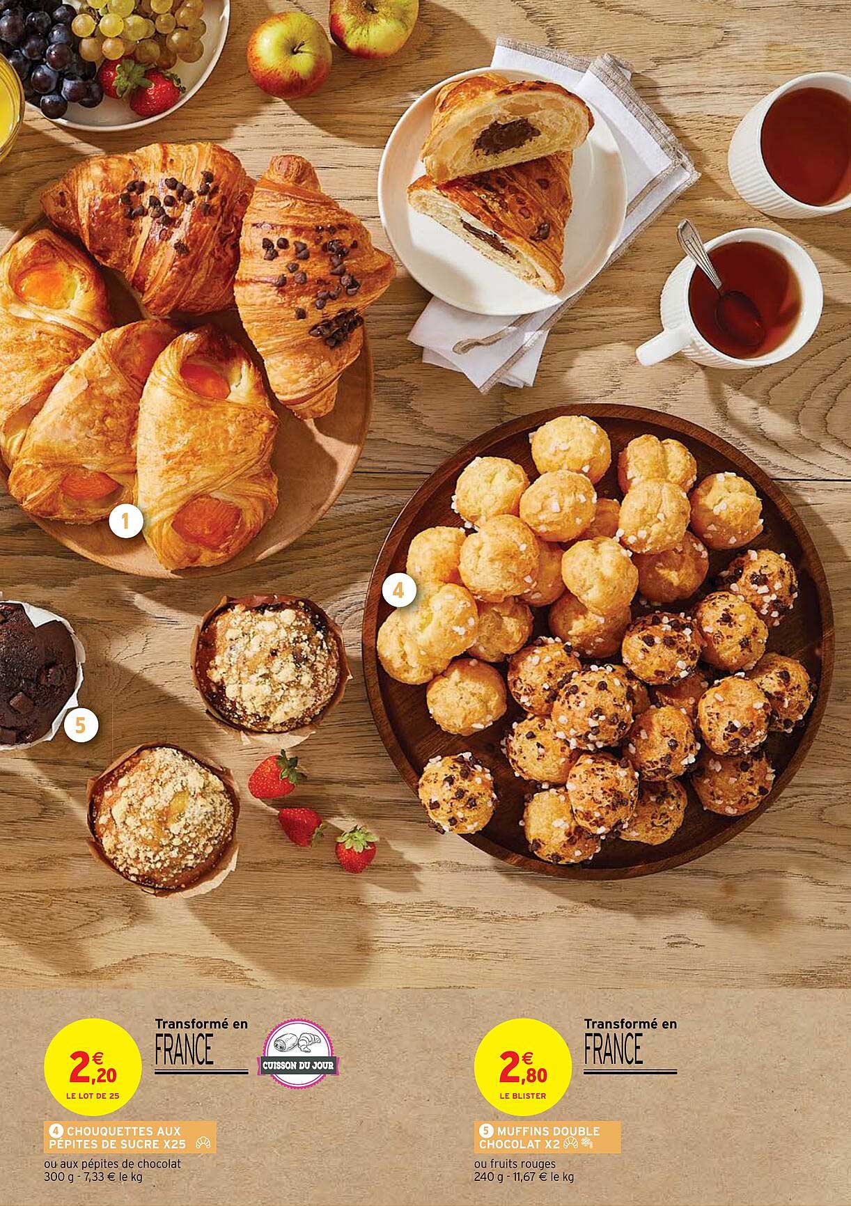 chouquettes aux pépites de sucres x25, muffins double chocolat x2