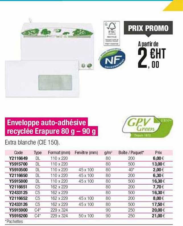 enveloppe auto-adhésive recyclée erapure 80 g - 90 g