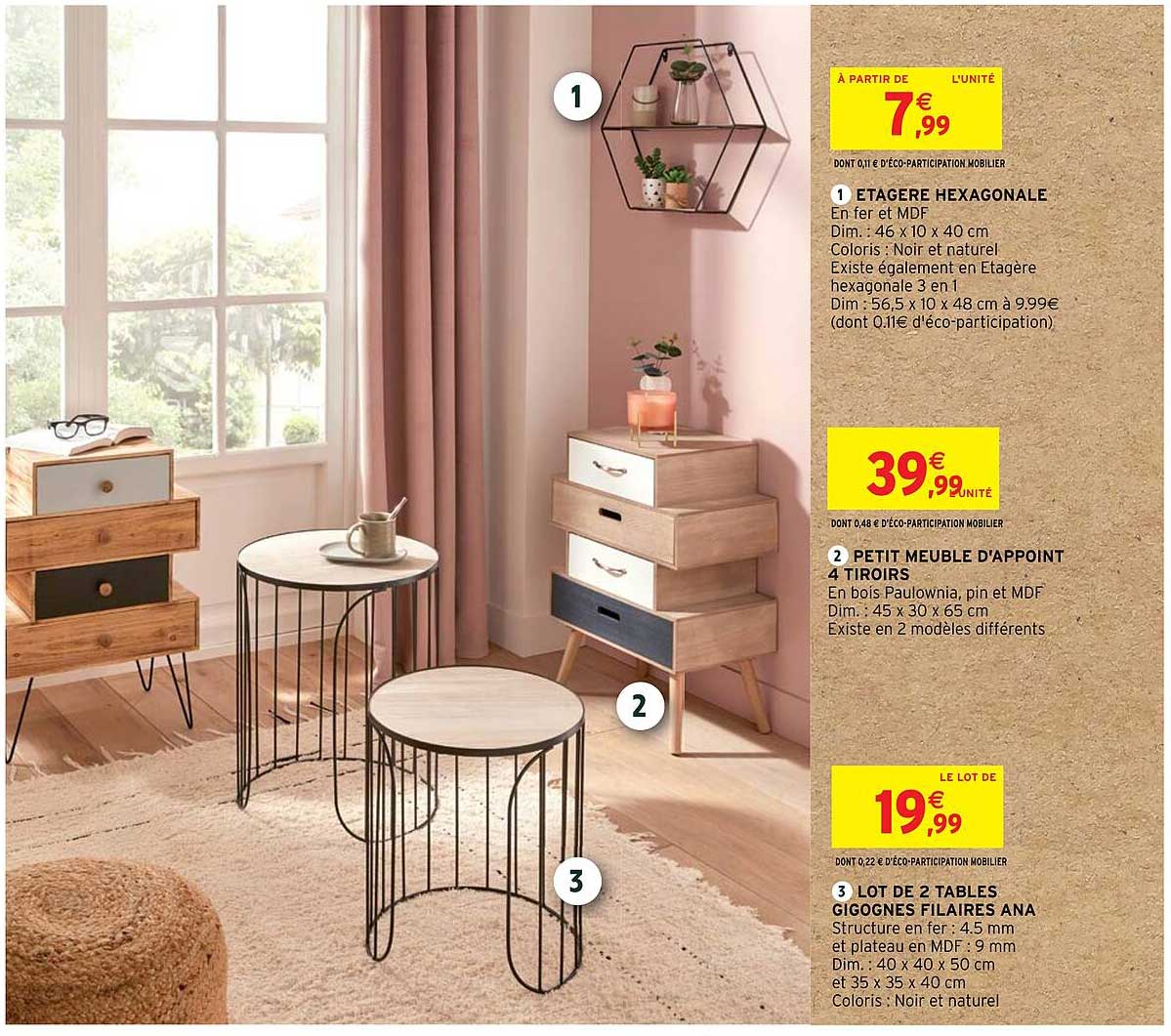 étagère hexagonale, petit meuble d'appoint 4 tiroirs, lot de 2 tables gigognes filaires ana