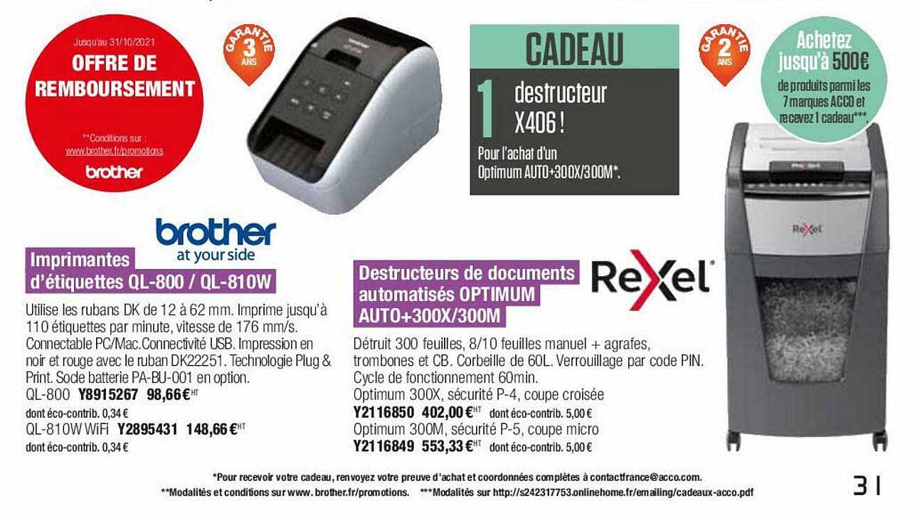 imprimantes d'étiquettes ql-800 - ql-810w brother, destructeurs de documents automatisés optimum auto+300x-300m rexel