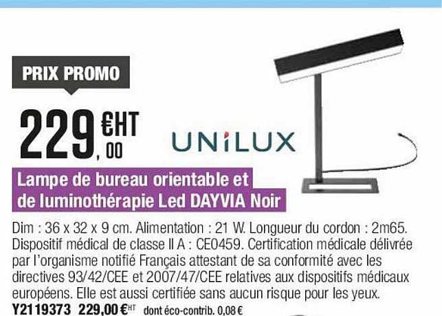 lampe de bureau orientable et de luminothérapie led dayvia noir unilux