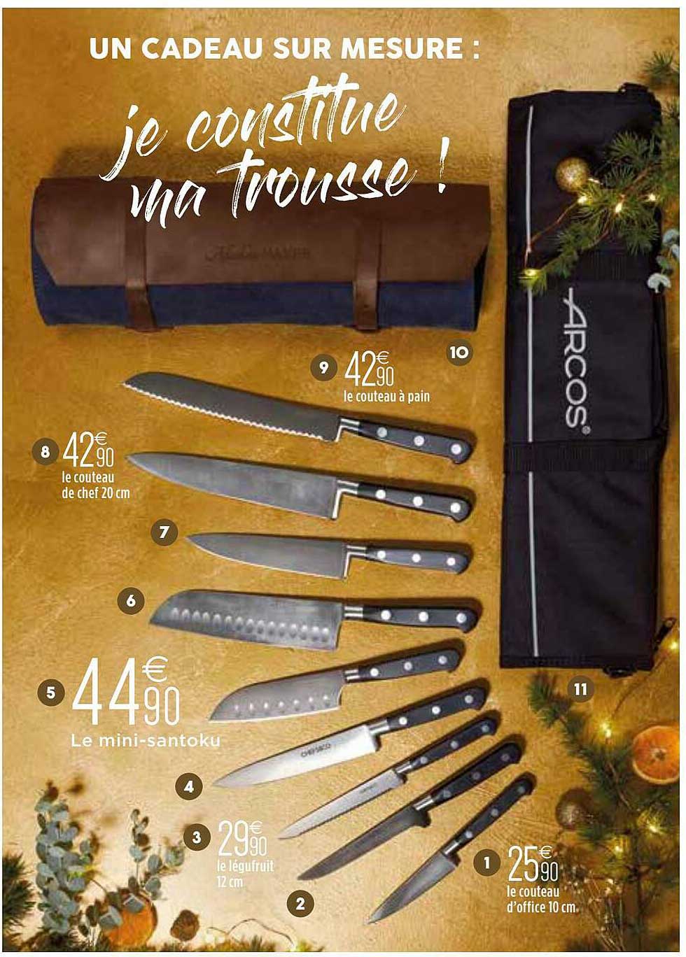 le couteau du chef 20 cm, le couteau à pain, le mini-santoku, le légufruit 12 cm, le couteau d'office 10 cm arcos