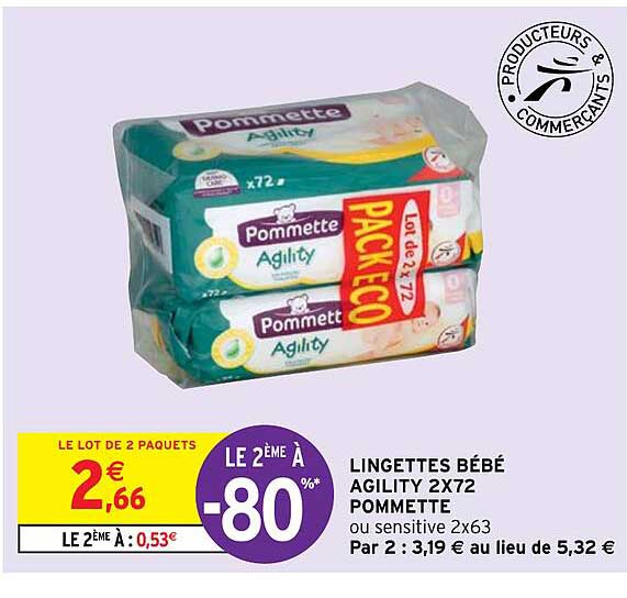 lingettes bébé agility 2x72 pommette