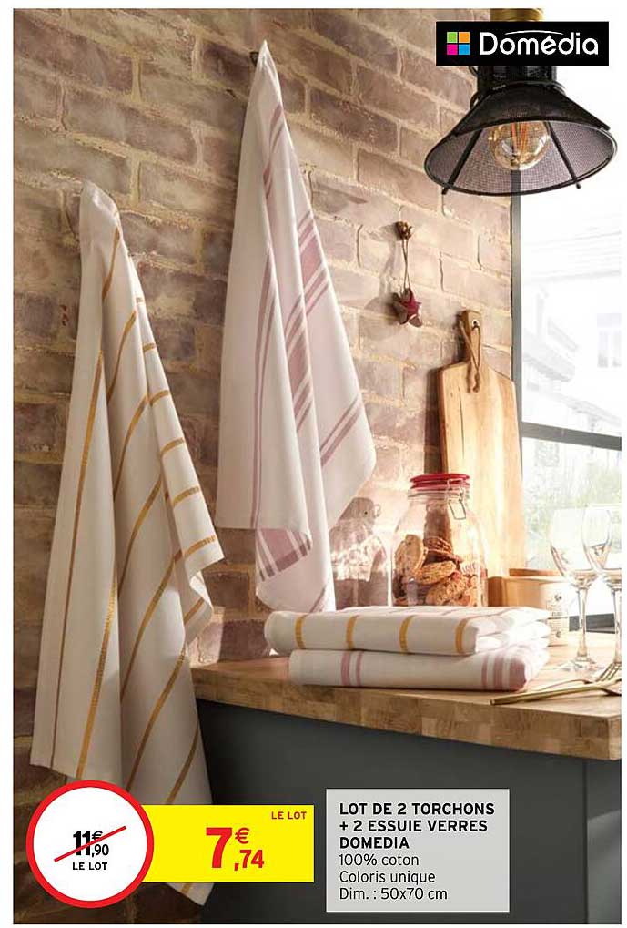 lot de 2 torchons + 2 essuie verres domédia