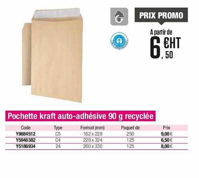 pochette kraft auto-adhésive 90 g recyclée