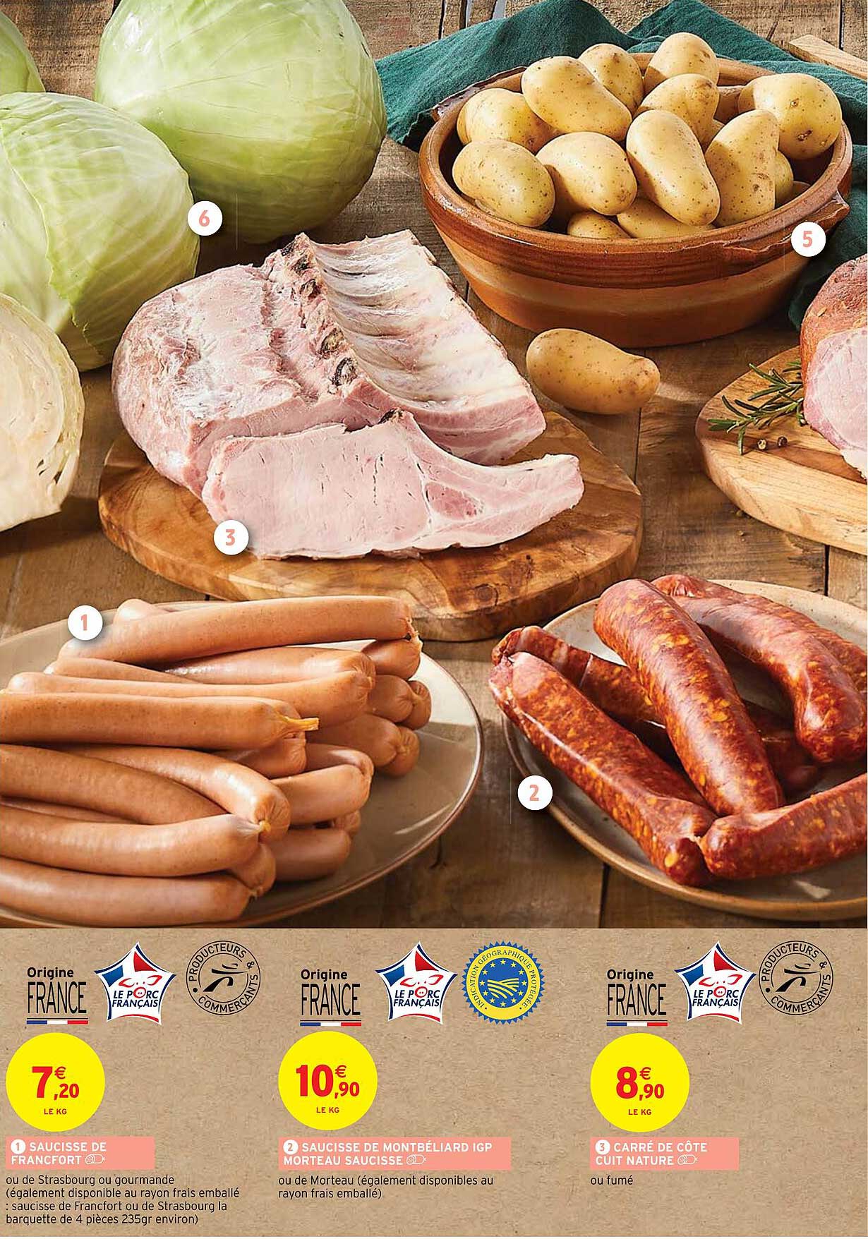 saucisse de francfort, saucisse de montbéliard igp morteau saucisse, carré de côte cuit nature