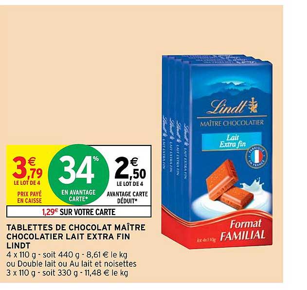 tablettes de chocolat maître chocolatier lait extra fin lindt