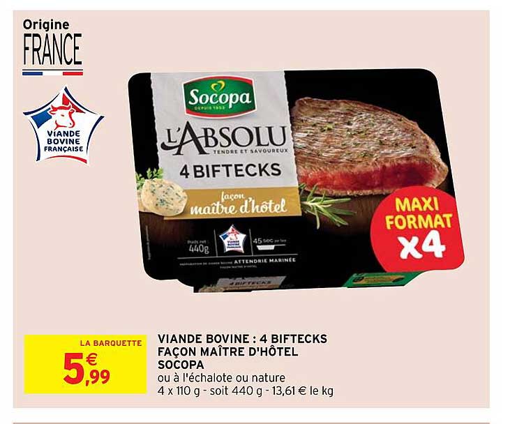 viande bovine : 4 biftecks façon maître d'hôtel socopa