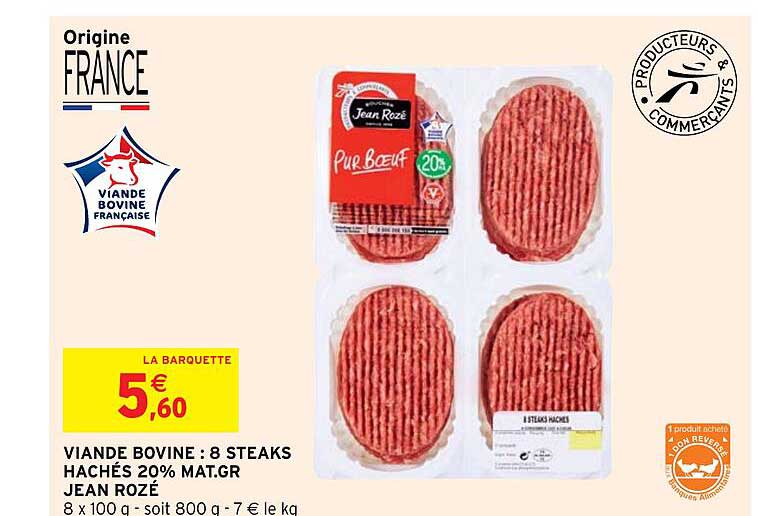 viande bovine : 8 steaks hachés 20% mat. gr. jean rozé