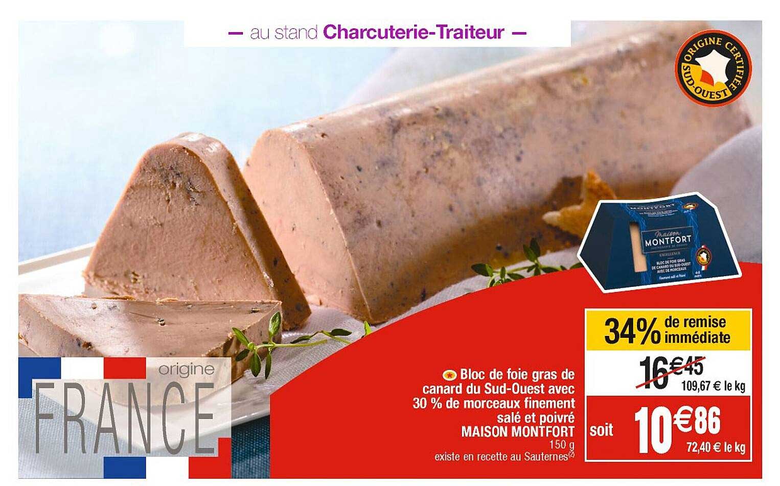 bloc de foie gras de canard du sud-ouest avec 30% de morceaux finement salé et poivré maison montfort