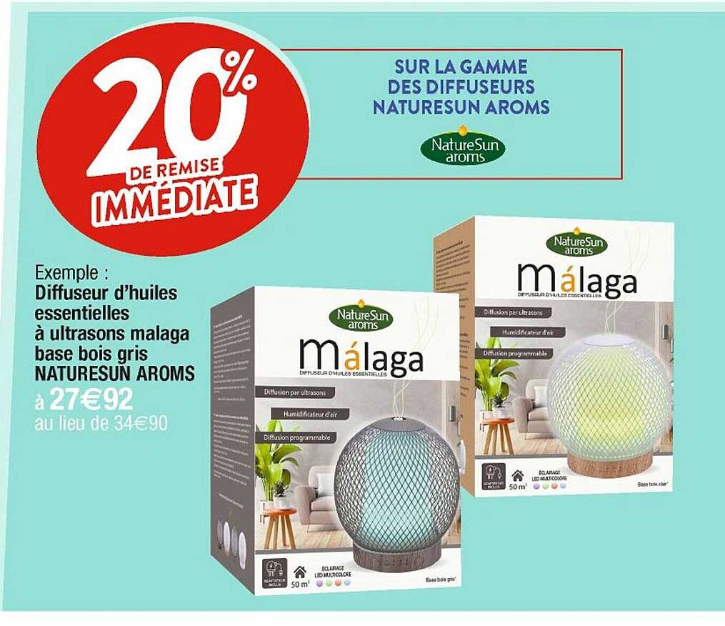 diffuseur d'huiles essentielles à ultrasons malaga base bois gris naturesun aroms