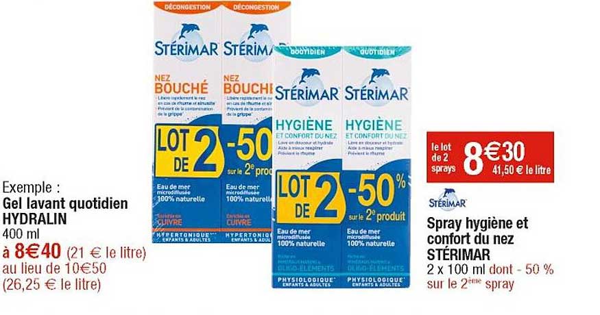 gel lavant quotidien hydralin, spray hygiène et confort du nez stérimar
