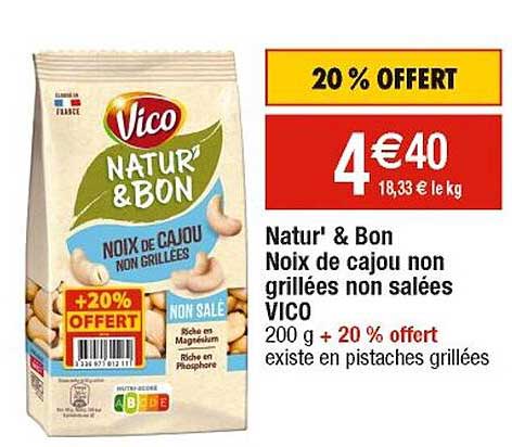 natur' & bon noix de cajou non grillées non salées vico