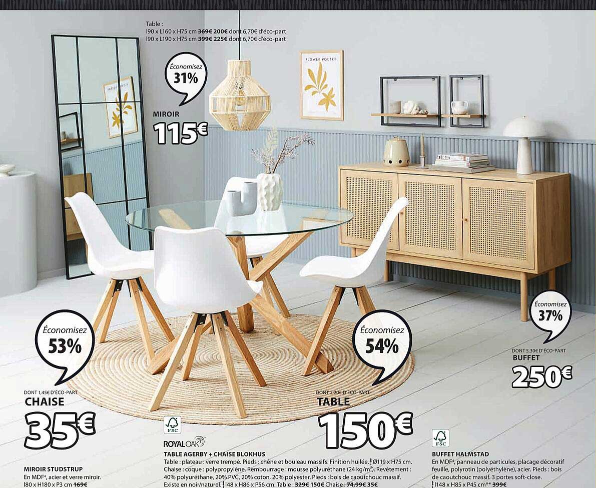 Miroir Studstrup, Table Agerby + Chaise Blokhus, Buffet Halmstad