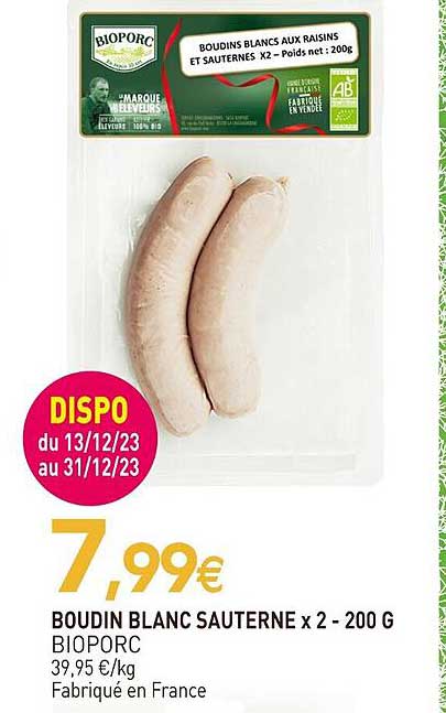 boudin blanc sauterne bioporc - x2 - 200 g