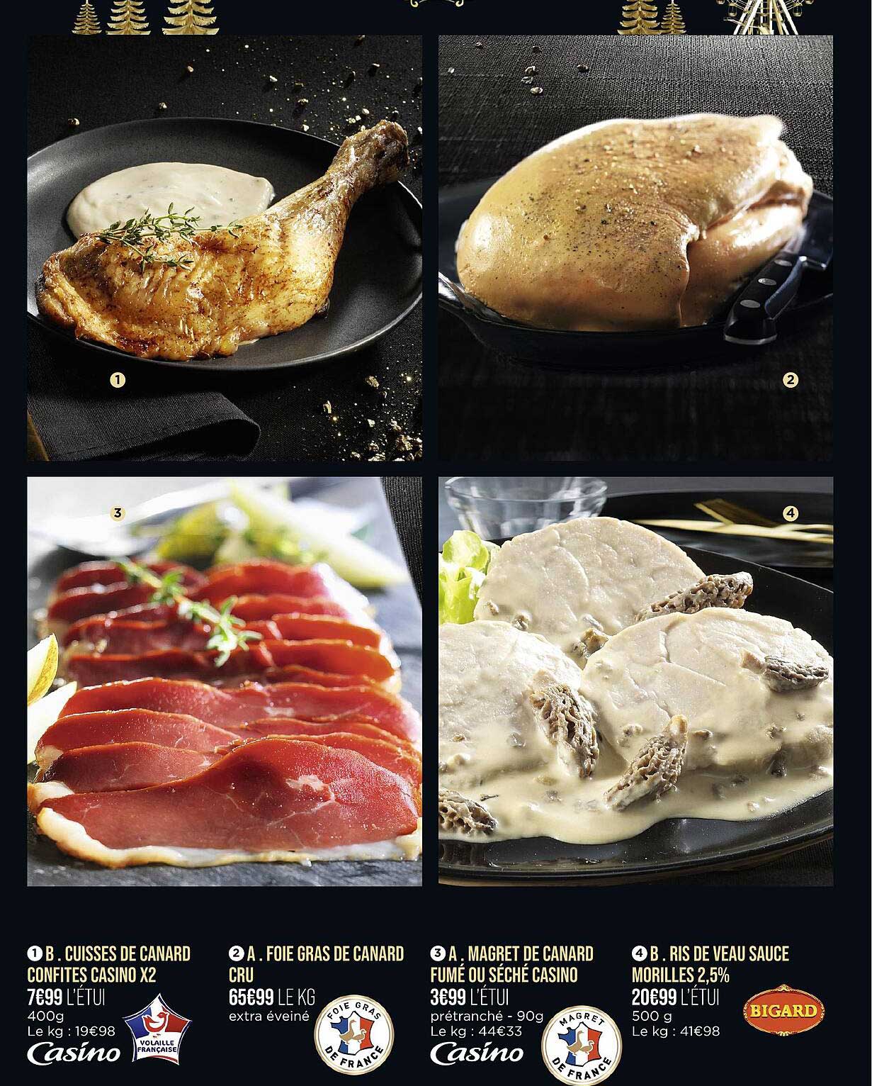 cuisses de canard confites casino x2, foie gras de canard cru, magret de canard fumé ou sèche casino, ris de veau sauce morilles 2,5%