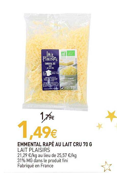 emmental râpé au lait cru lait plaisirs - 70 g