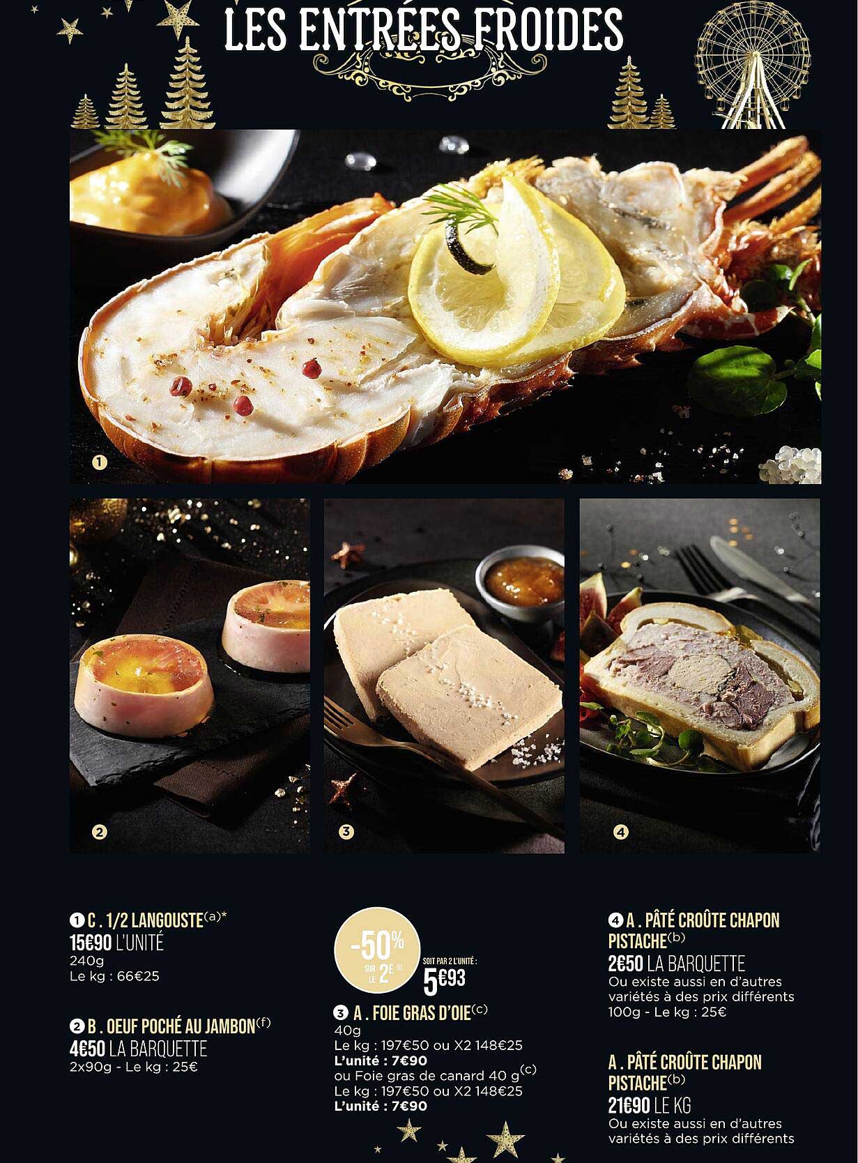 les entrées froides : 1/2 langouste, oeuf poché au jambon, foie gras d'oie, pâté croûte chapon pistache, pâté croûte chapon pistache