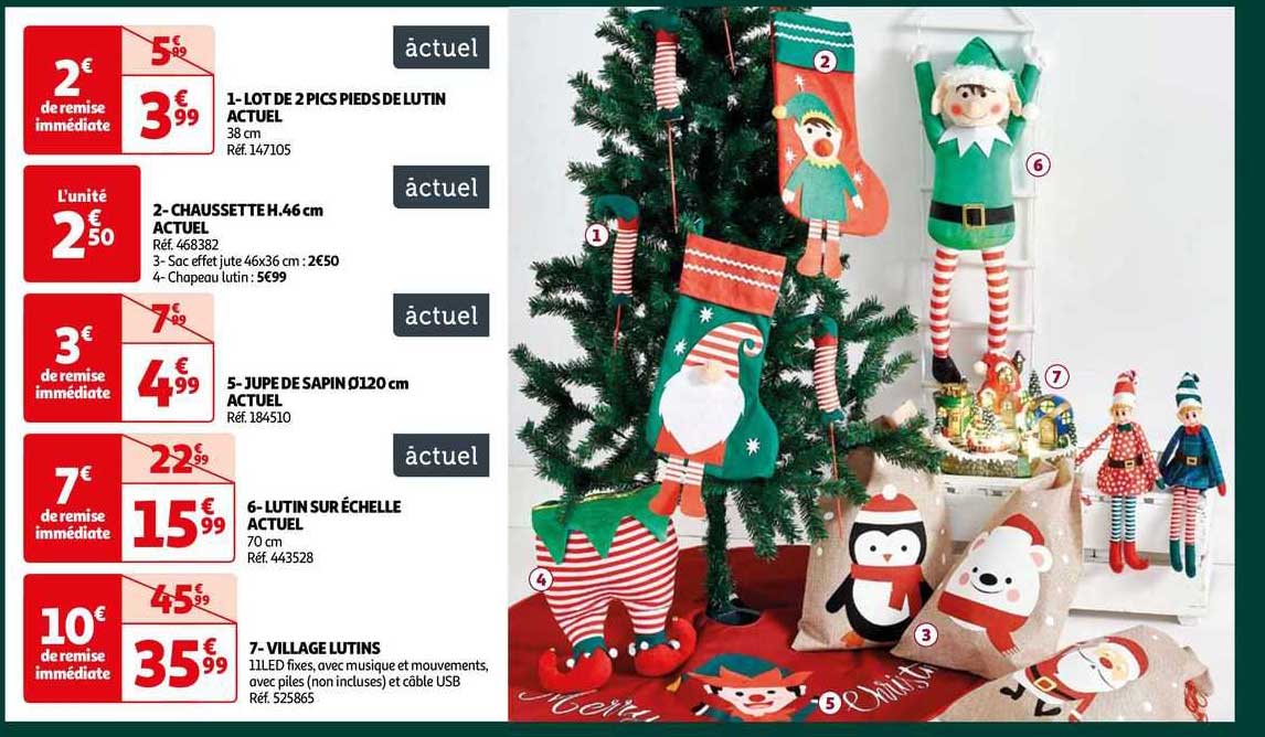 lot de 2 pics pieds de lutin actuel, chaussette h. 46 cm actuel, jupe de sapin ø 120 cm actuel, lutin sur échelle actuel, village lutins